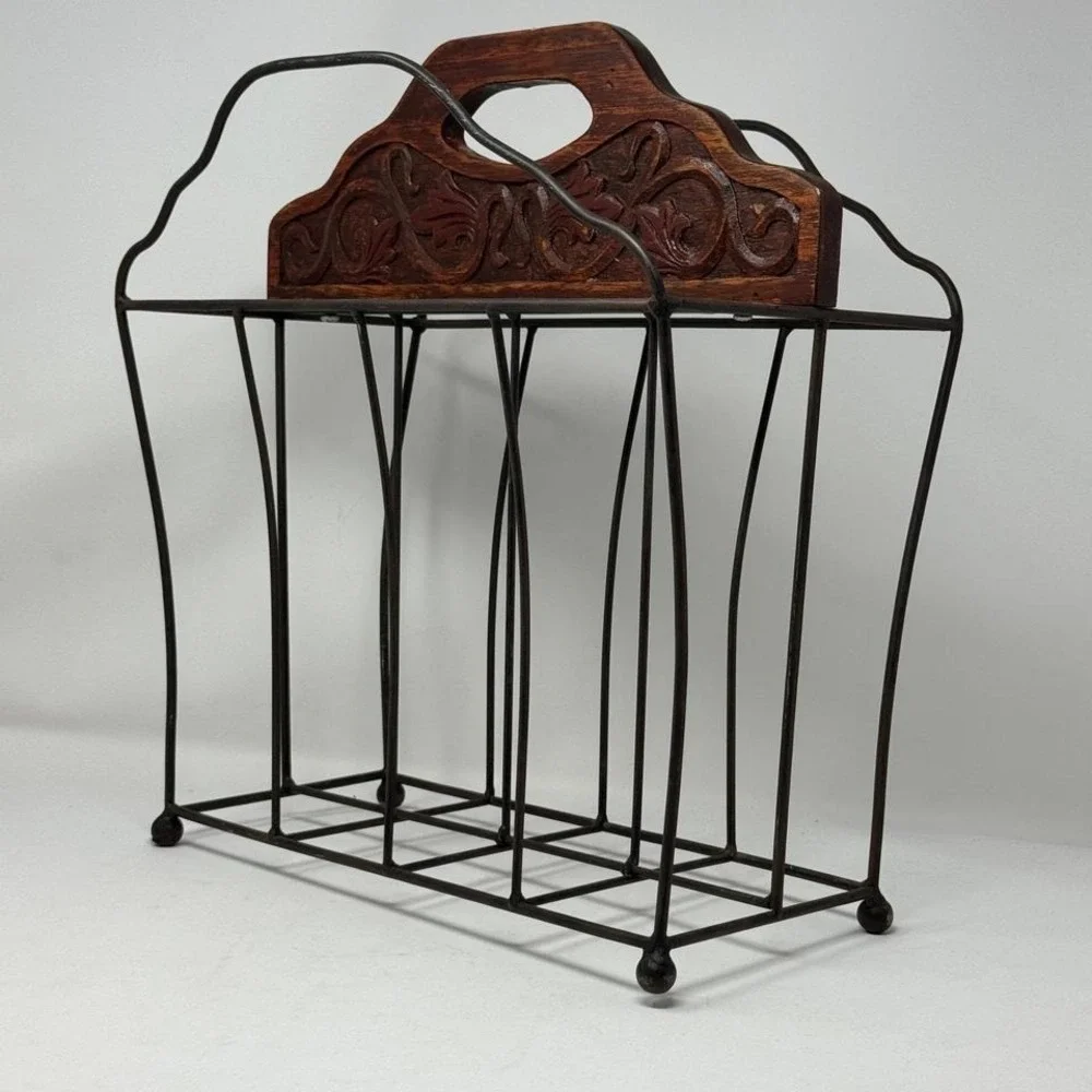 Vintage Carved Wood and Metal Wire Magazine Rack Scrollwork Handle Brown